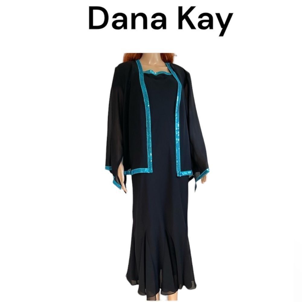 Dana Kay Dress Jacket Set Blue Trim Maxi Formal Evening Elegant Dress 16W